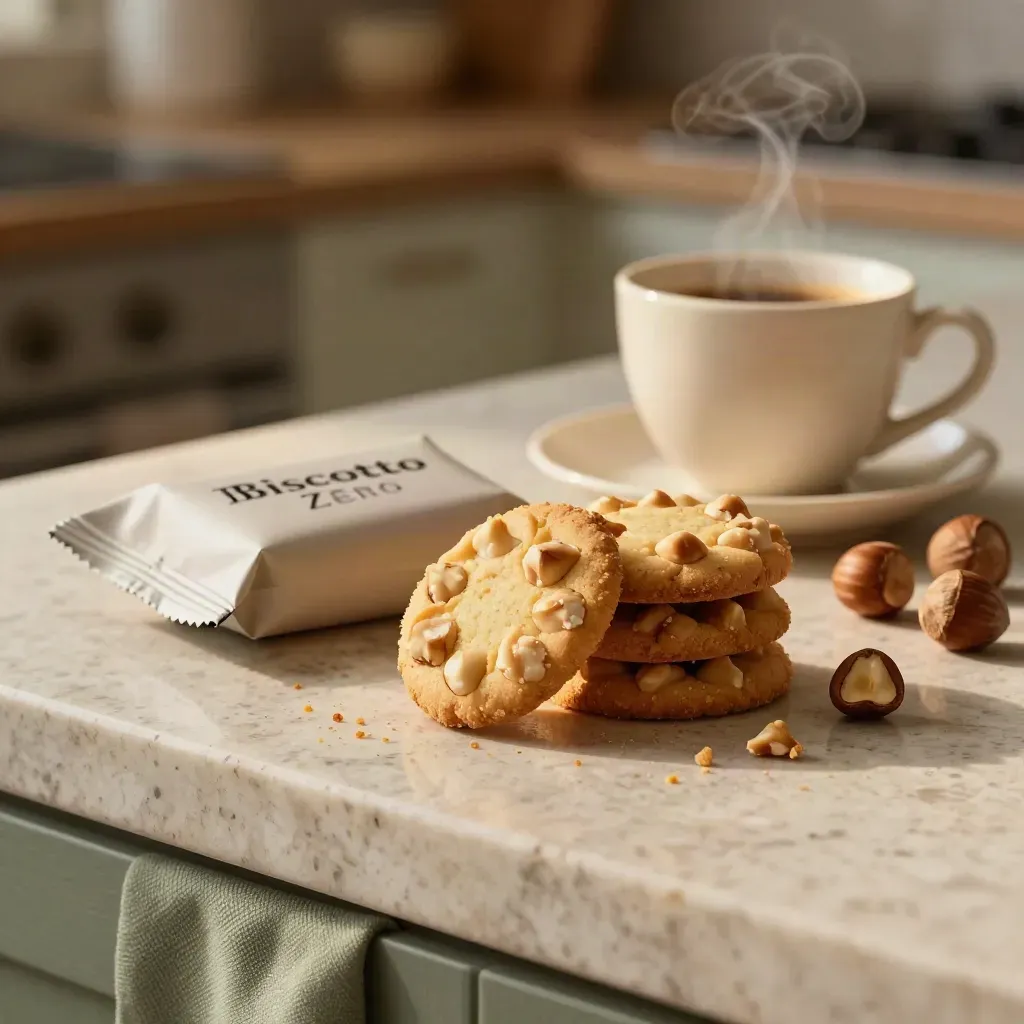 Biscotti alla nocciola con tazzina fumante, nocciole intere e briciole su piano in travertino.