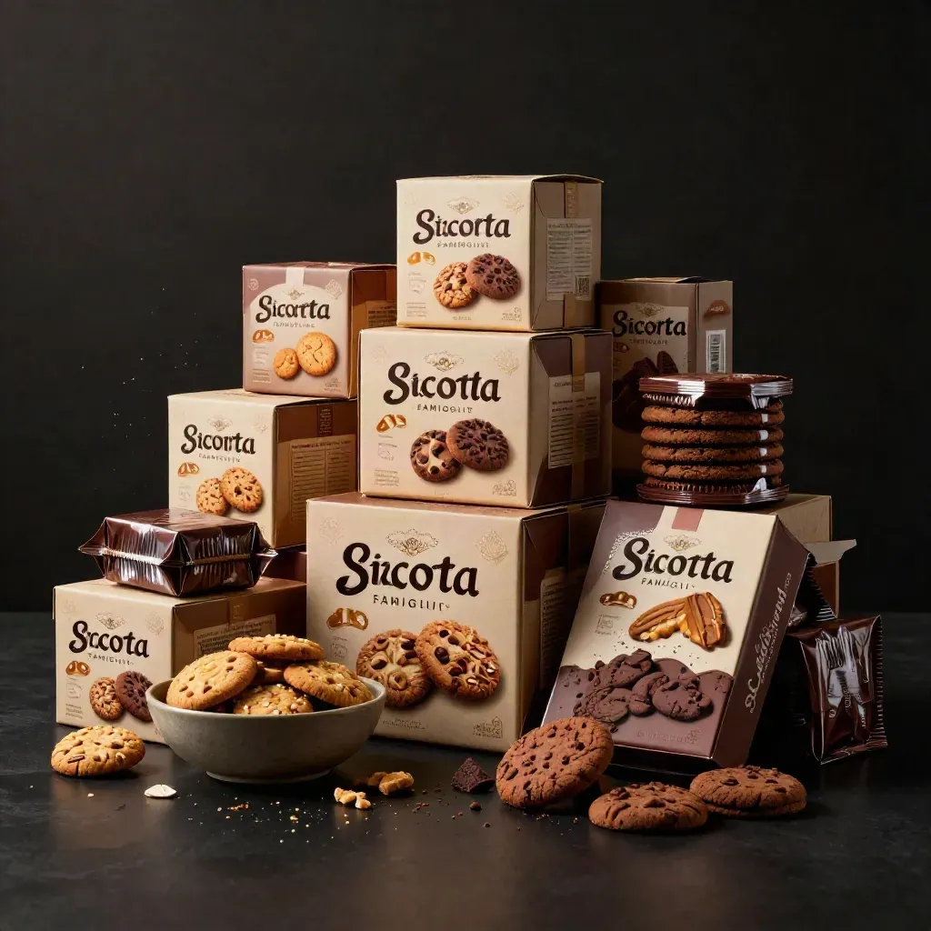 Torre di biscotti e confezioni Biscotto Zero su fondo nero, luce drammatica e dettagli caramel.