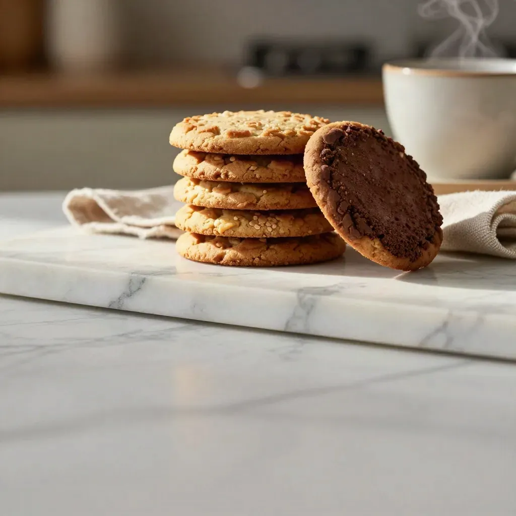 Biscotti senza zucchero su marmo chiaro con tazza sfocata e lino in luce mattutina.