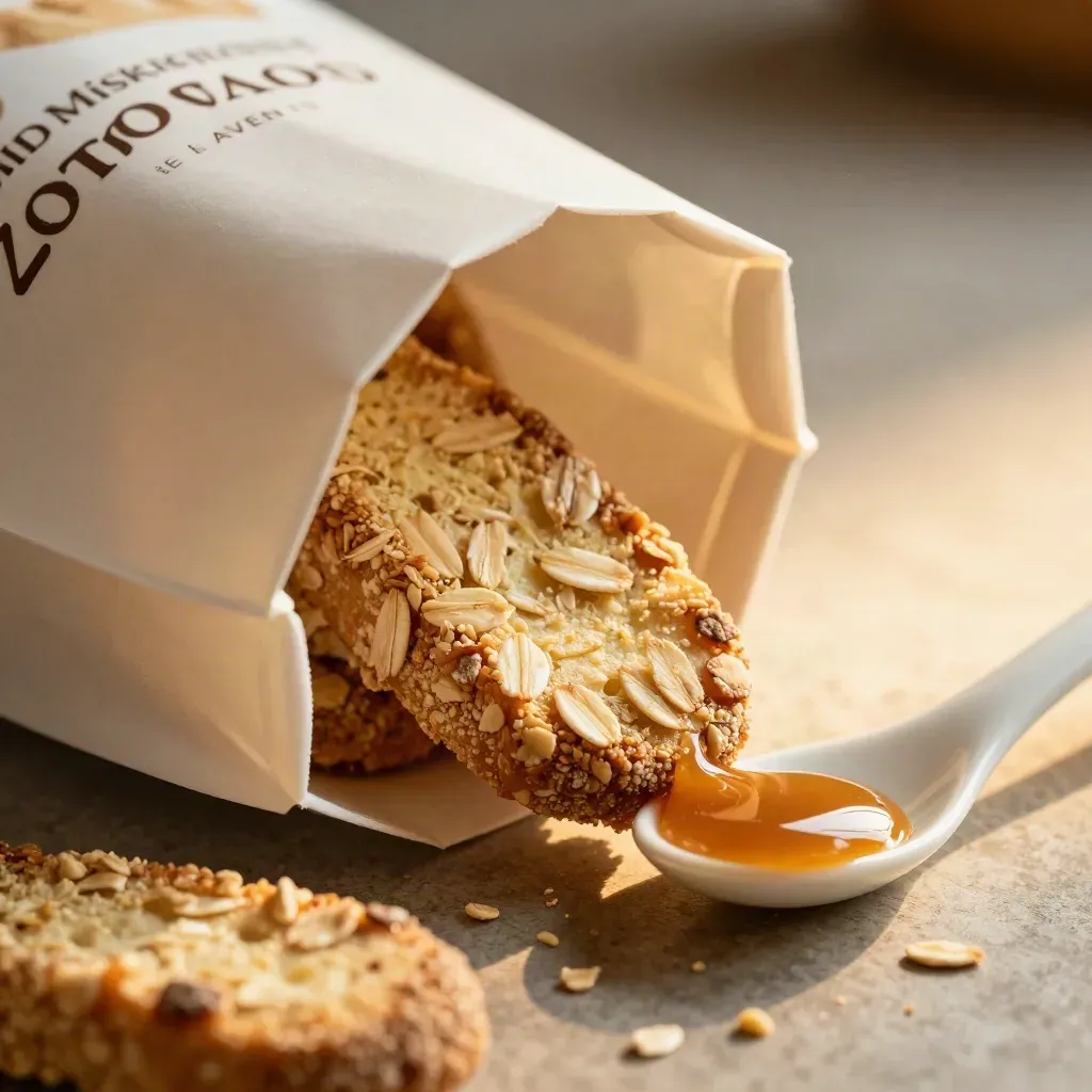 Primo piano di biscotti miele e avena in sacchetto opaco con cucchiaino ceramico.