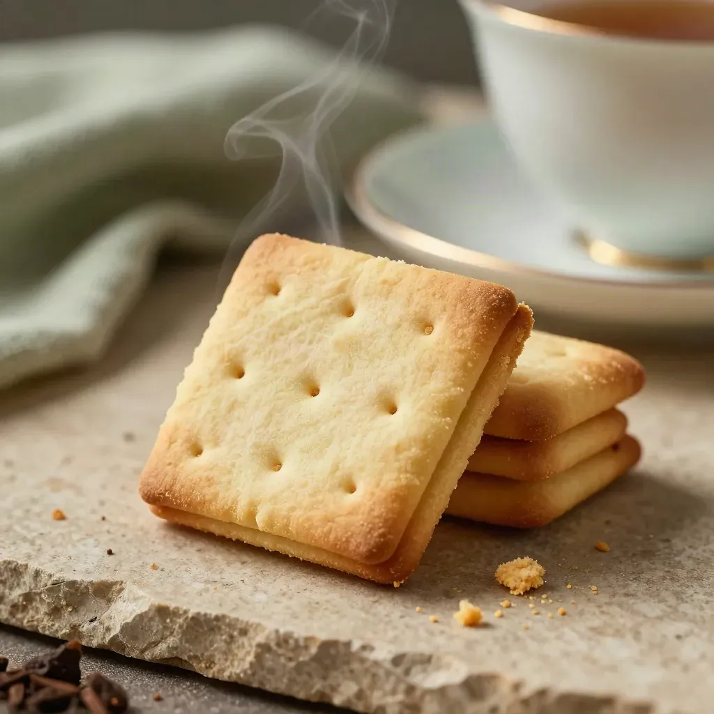 Pack di mini frollini da tè con briciole fini e tazza sfocata, luce morbida e tono salvia.