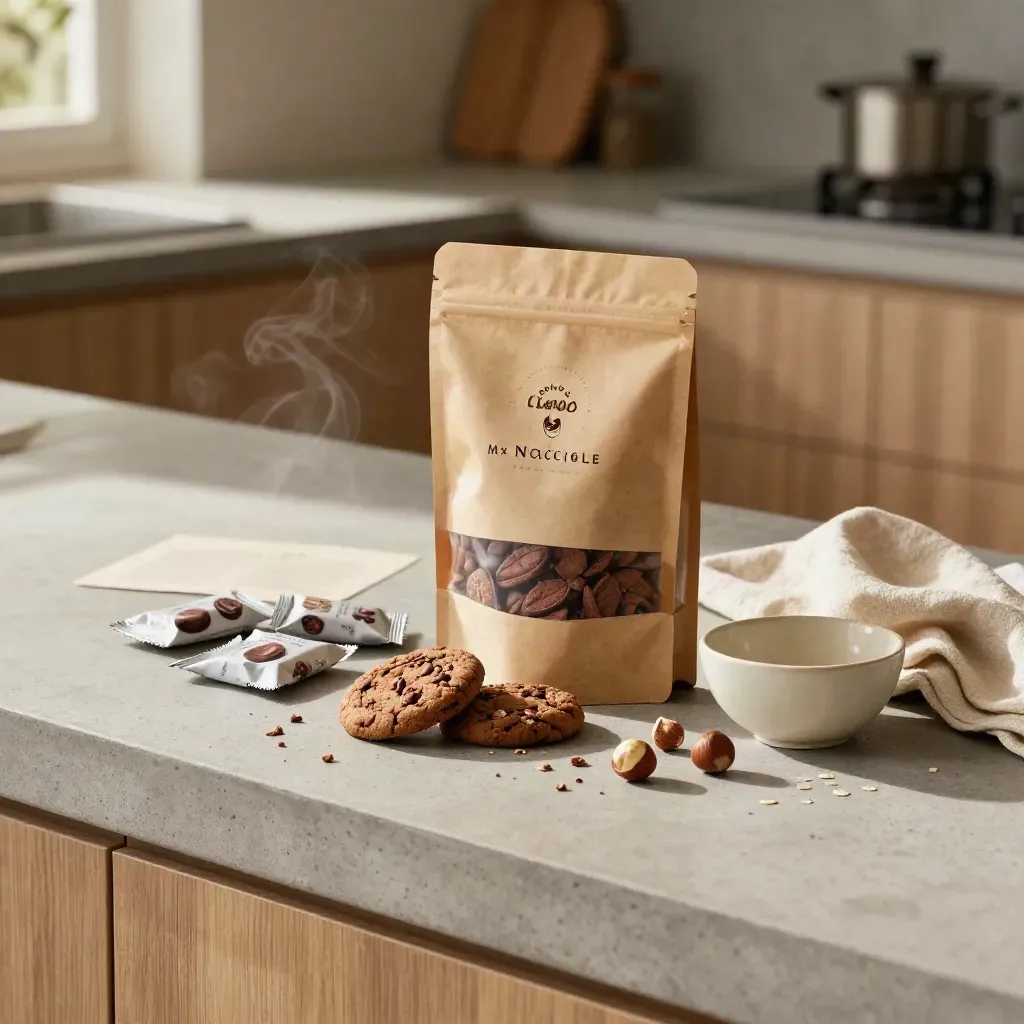 Sacchetto di biscotti cacao e nocciole con nocciole intere e briciole su piano di cemento